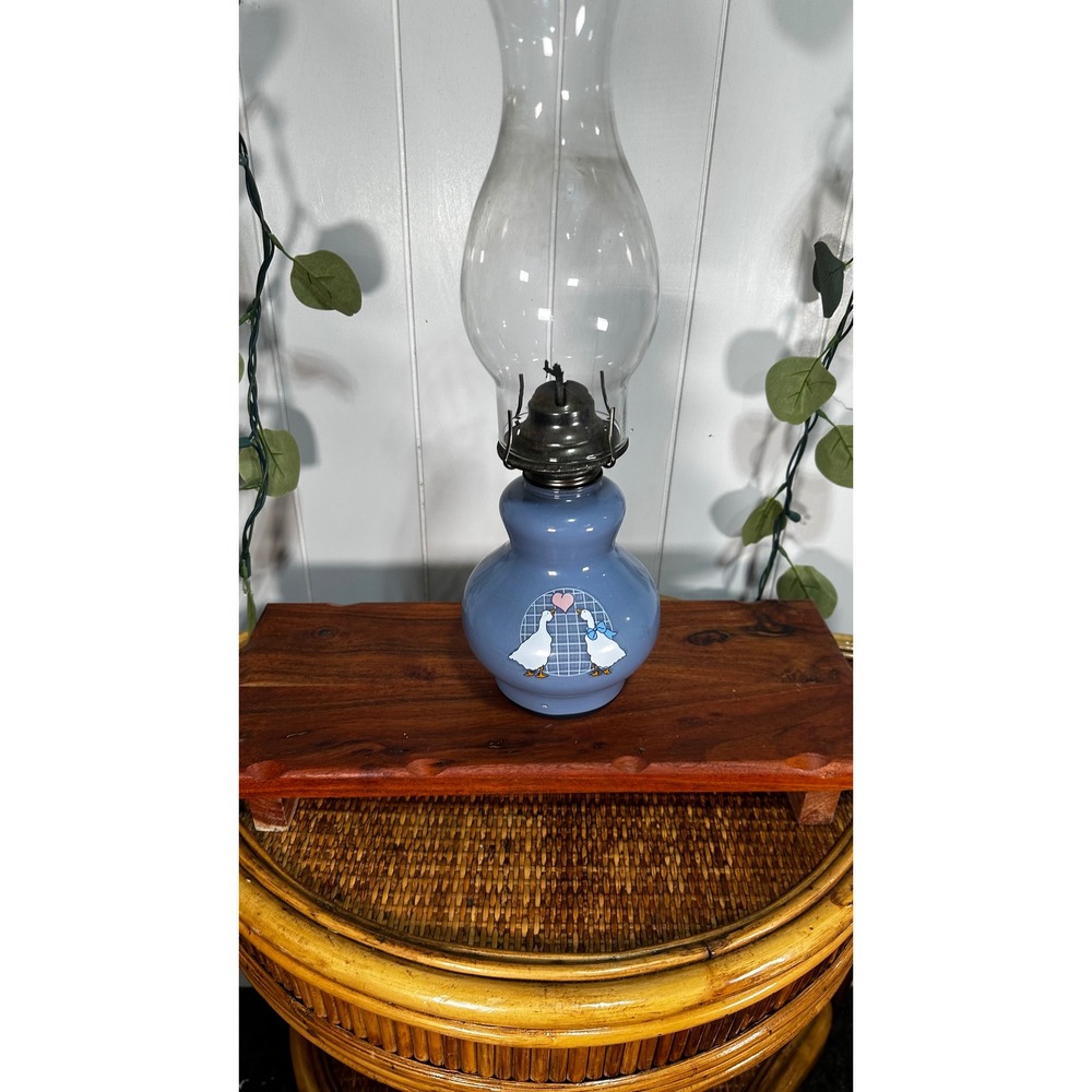 Vintage Blue Milk Glass Oil Lamp Geese Heart Country Farmhouse Kerosene Lantern